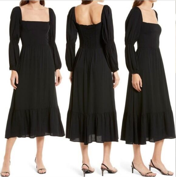 Reformation Dresses & Skirts - Reformation Mica Dress Black Midi Milkmaid Witchy Whimsigoth Flowy Boho Cottage